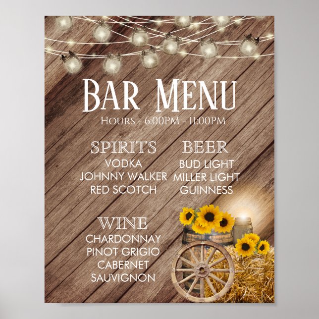 Pub Menu - Rustic Wood Barrel och Sunblommor Poster (Framsidan)