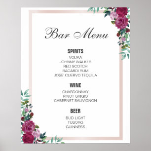 PUB MENU-tecken Burgundär blommigt BRÖLLOP PUB Poster