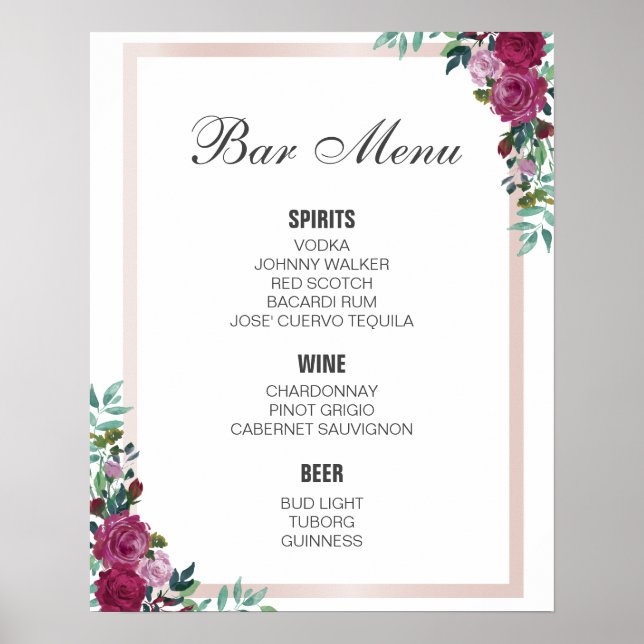 PUB MENU-tecken | Burgundär blommigt | BRÖLLOP PUB Poster (Framsidan)