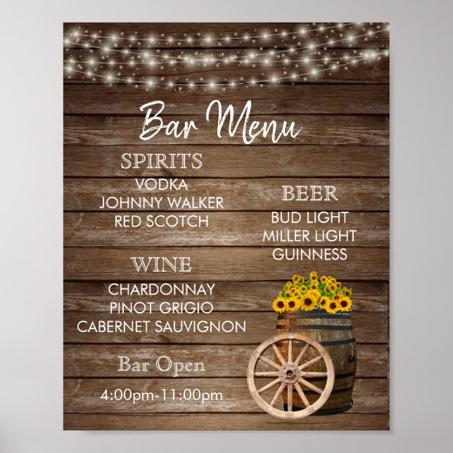 Pub Menu - Träfat med solblommor Poster (Framsidan)