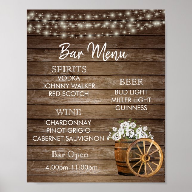 Pub Menu - Wood Barrel med White Flowers Poster (Framsidan)