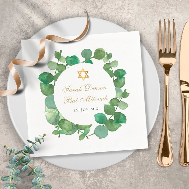 Pub Mitzvah Bat mitzvah Watercolor Greenery Pappersservett (Skapare uppladdad)