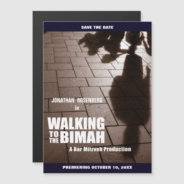 Pub Mitzvah Bimah Movie Spara datumet Magnetisk Inbjudningskort (Fram/baksida)