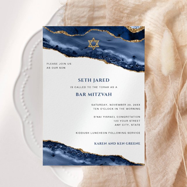 Pub Mitzvah, Blå och Guld Agate Gräns Inbjudningar (Skapare uppladdad)