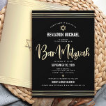 Pub Mitzvah Black Gold Foil-skript fet modern Inbjudningar<br><div class="desc">Var stolt, gladd och visa den här milstolpen av Pub Mitzvah! Skicka ut den här fantastiska, moderna, sofistikerade inbjudan till en personlig att minnas. Graphic faux faux guld foil calligraphy script, Star of David, and hand plockade tallit linjer, overlay a rik, dramatiskt, svart bakgrund. En faux guld Star av David...</div>