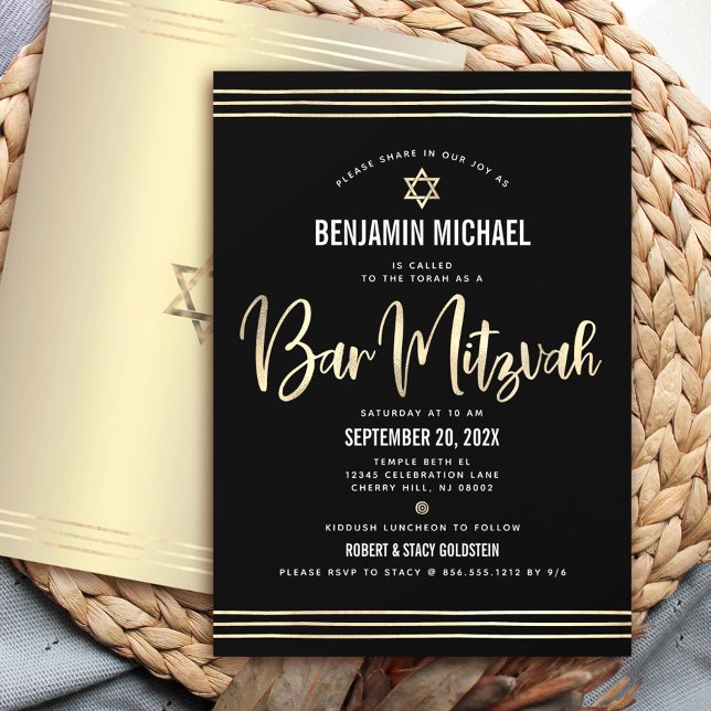 Pub Mitzvah Black Gold Foil-skript fet modern Inbjudningar (Skapare uppladdad)