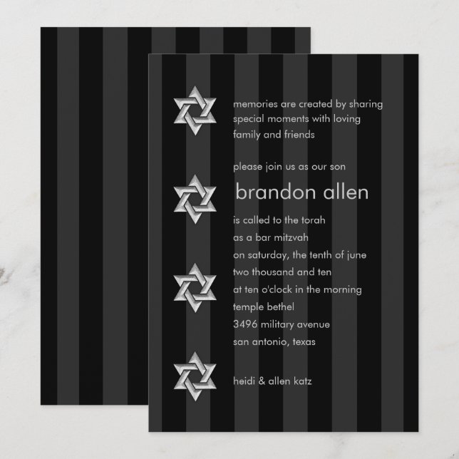 Pub Mitzvah Black Rand Silver Star Inbjudningar (Fram/baksida)
