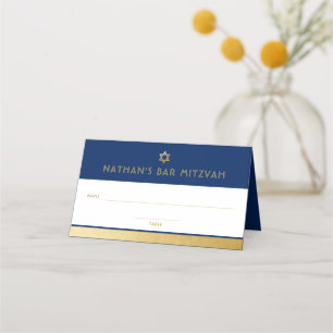 Pub Mitzvah Blue Guld Modern Foldad Placeringskort