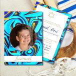 Pub Mitzvah Blue Modern Photo Star of David Inbjudningar<br><div class="desc">Ställ in scenen för ett modernt temat firande. Blue graffiti type mönster är bakgrunden till färg för denna elegant anpassningsbar Pub Mitzvah-design. Ändra enkelt informationen för din egen anpassningsbar-inbjudan. Bilden på baksidan kan bytas ut mot ett eget foto Från en anpassningsbar som är stationär från Chessies Bra Design.</div>