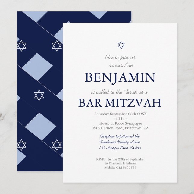 Pub Mitzvah Blue Mönster Star av David Jewish Inbjudningar (Fram/baksida)