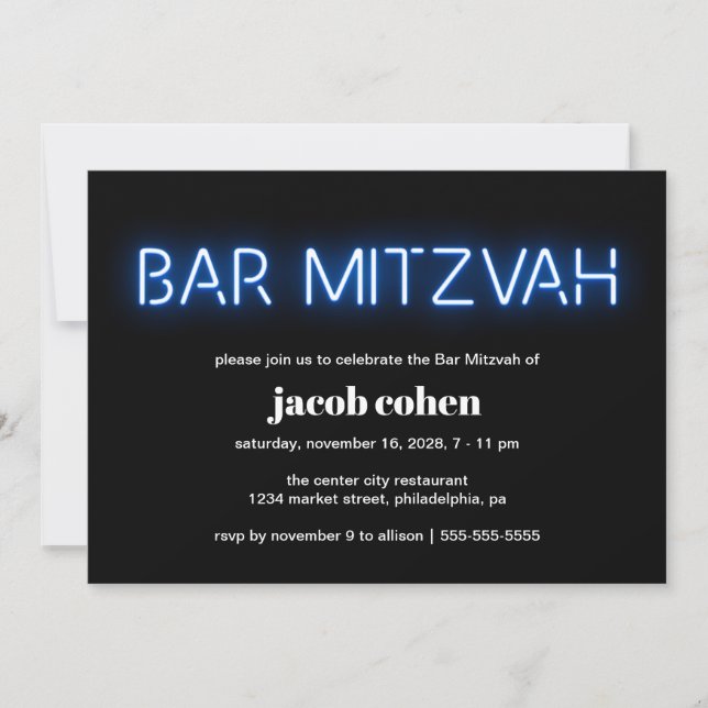 Pub Mitzvah Blue Neon Ljus Inbjudningar (Framsida)