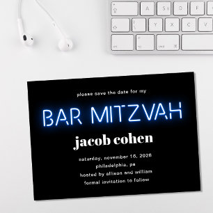 Pub Mitzvah Blue Neon Ljus Spara datum Inbjudningar