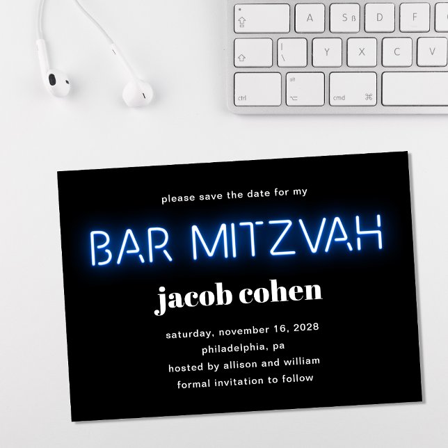 Pub Mitzvah Blue Neon Ljus Spara datum Inbjudningar (Skapare uppladdad)
