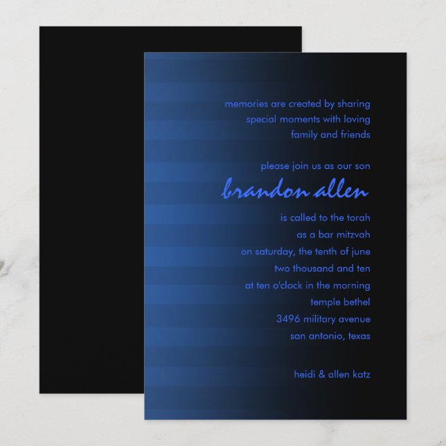 Pub Mitzvah Blue och Black Vågrät Rand Inbjudningar (Fram/baksida)