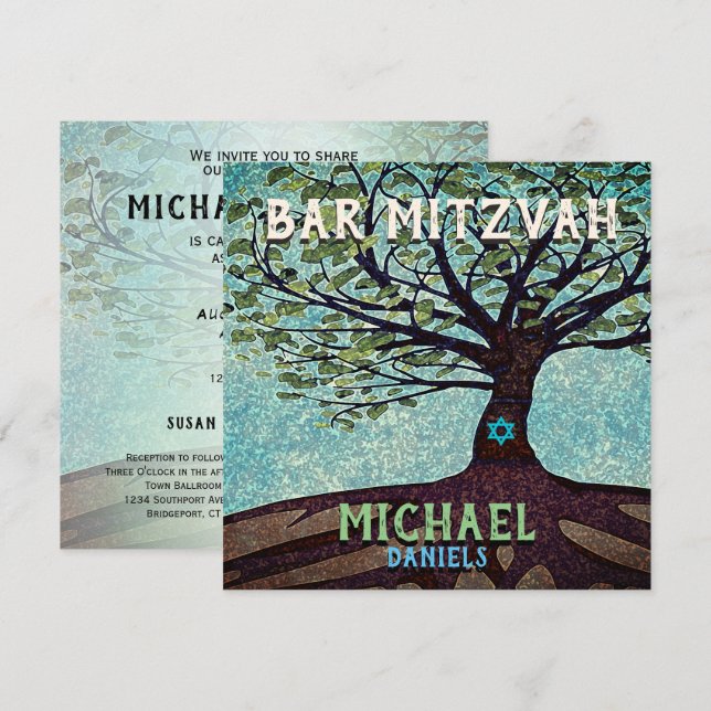 Pub Mitzvah Blue och Grönt Livets träd Inbjudningar (Fram/baksida)