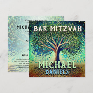 Pub Mitzvah Blue och Grönt Livets träd Inbjudningar