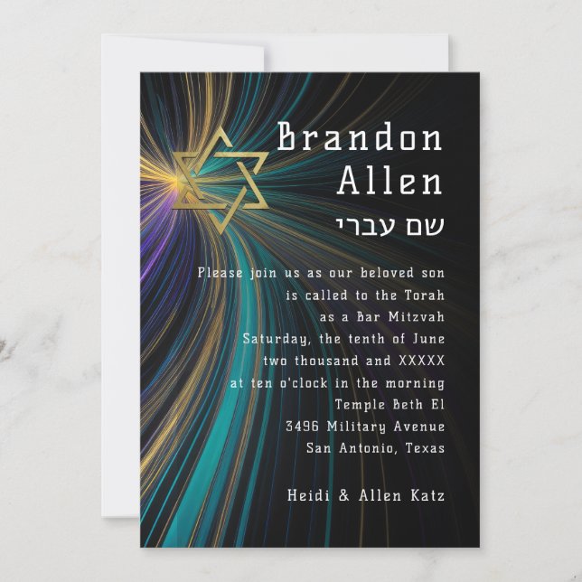 Pub Mitzvah Blue och Guld Rays Inbjudningar (Framsida)