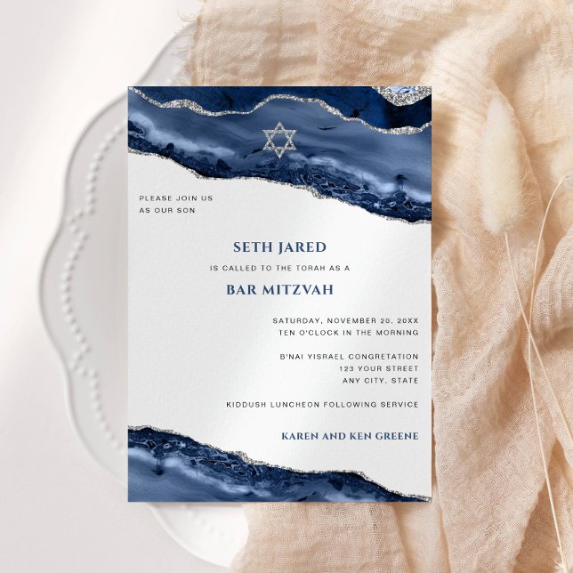 Pub Mitzvah Blue och Silver Agate Gräns Modern Inbjudningar (Skapare uppladdad)