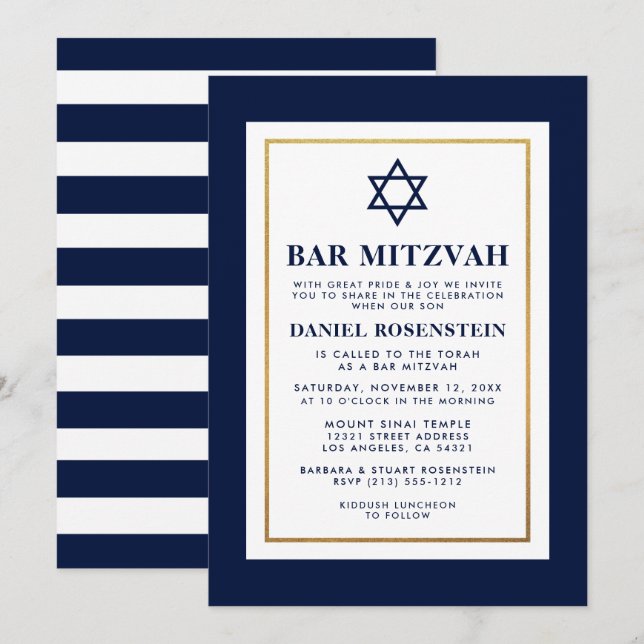 Pub Mitzvah Blue och White Stripe Guld Inbjudningar (Fram/baksida)
