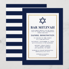 Pub Mitzvah Blue och White Stripe Guld Inbjudningar