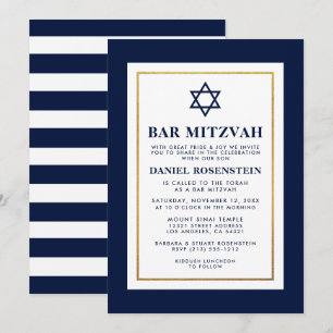 Pub Mitzvah Blue och White Stripe Guld Inbjudningar
