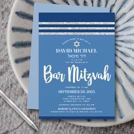 Pub Mitzvah Blue Silver Tallit Modern djärvt skrip Inbjudningar