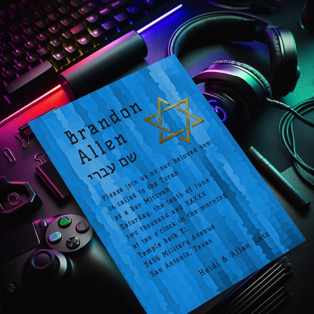 Pub Mitzvah Blue Techno Streaks Inbjudningar (Skapare uppladdad)