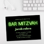 Pub Mitzvah Bright Grönt Neon Ljus Spara datum Inbjudningar<br><div class="desc">Coola modern pub mitzvah spara datum meddelande med "pub mitzvah" i ljust grön glöd neon ljus mot svart bakgrund.</div>