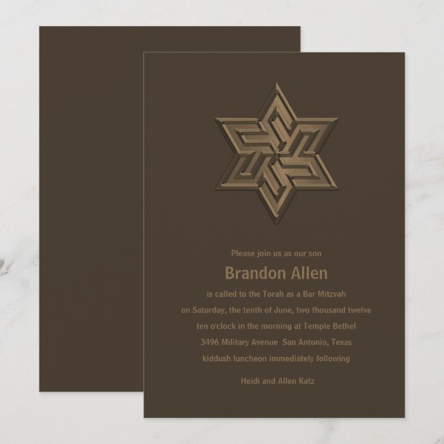 Pub Mitzvah Brown Tones Star of David Inbjudningar (Fram/baksida)