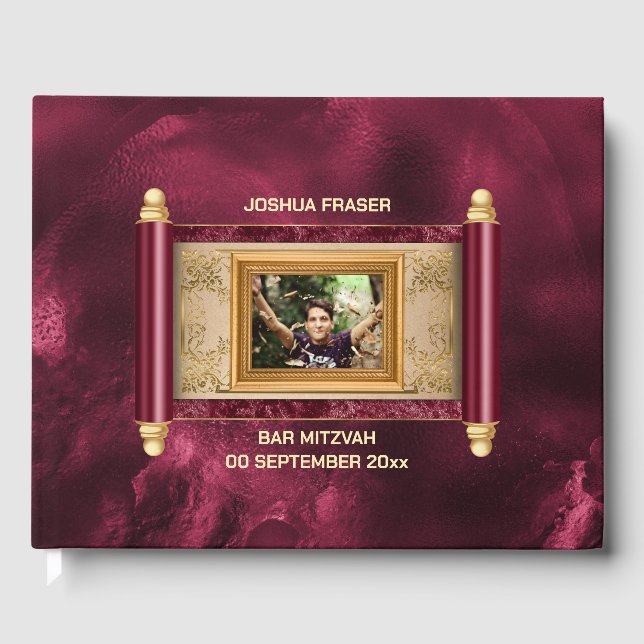 Pub mitzvah burgundy marble guld rulla chic gästböcker (Framsida)