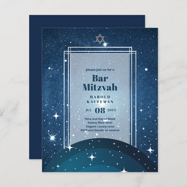 PUB MITZVAH Cards Celestial Himlar Blue Galaxy Gul (Fram/baksida)