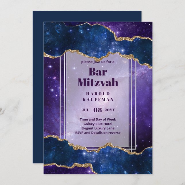 PUB MITZVAH Cards Celestial Himlar Blue Galaxy Gul Inbjudningar (Fram/baksida)