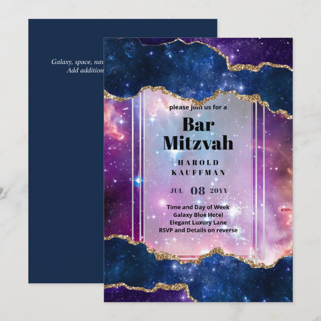 PUB MITZVAH Cards Celestial Himlar Blue Galaxy Gul Inbjudningar (Fram/baksida)