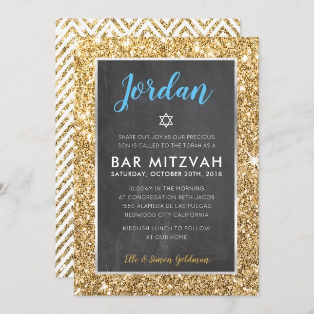 PUB MITZVAH coola chalkboard guld glitter inbjudan (Fram/baksida)