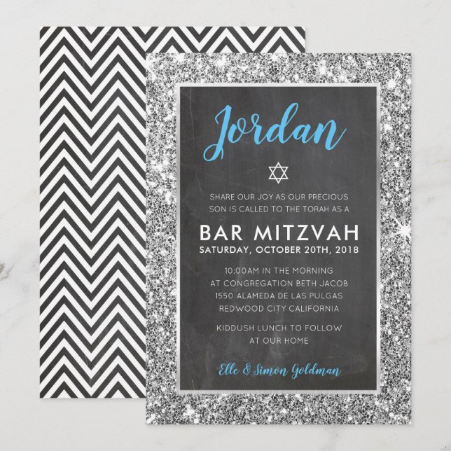 PUB MITZVAH coola chalkboard silver glitter inbjud Inbjudningar (Fram/baksida)