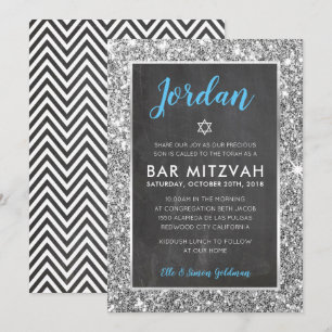 PUB MITZVAH coola chalkboard silver glitter inbjud Inbjudningar