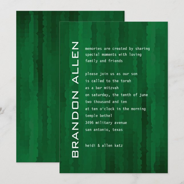 Pub Mitzvah Emerald Grönt Techno Streaks Inbjudningar (Fram/baksida)