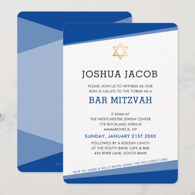 PUB MITZVAH, enkel, modern royal blue guld star Inbjudningar (Fram/baksida)