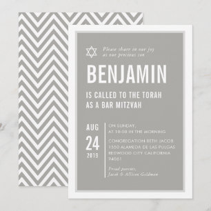 PUB MITZVAH enkel modern typografi grått-vit Inbjudningar
