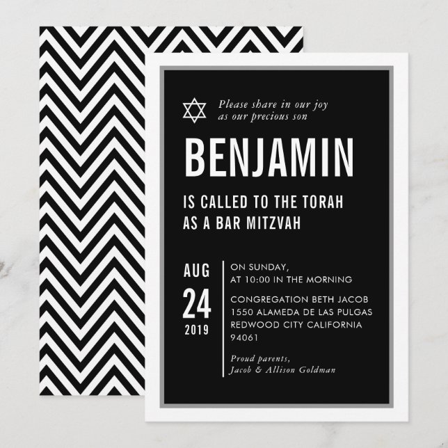 PUB MITZVAH enkel modern typografi svart vit Inbjudningar (Fram/baksida)