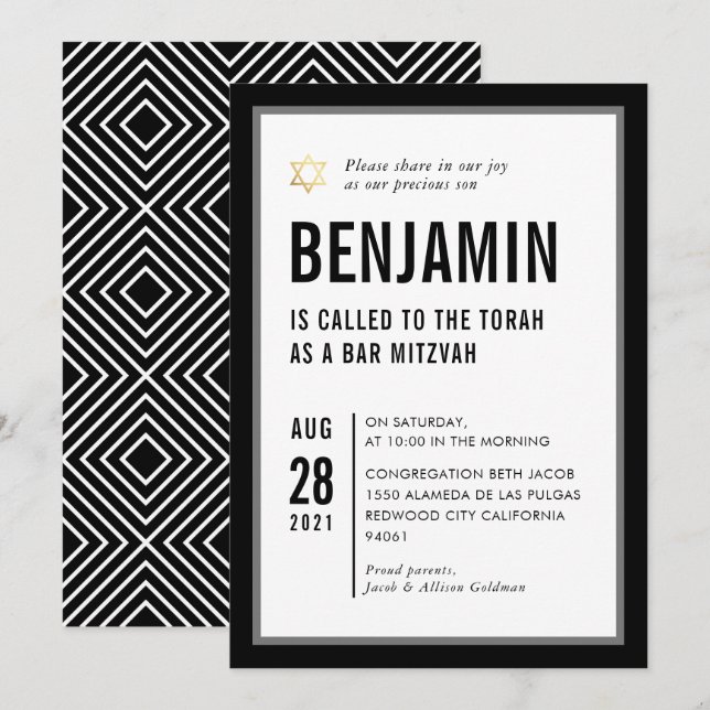 PUB MITZVAH enkel modern typografi svart vit Inbjudningar (Fram/baksida)
