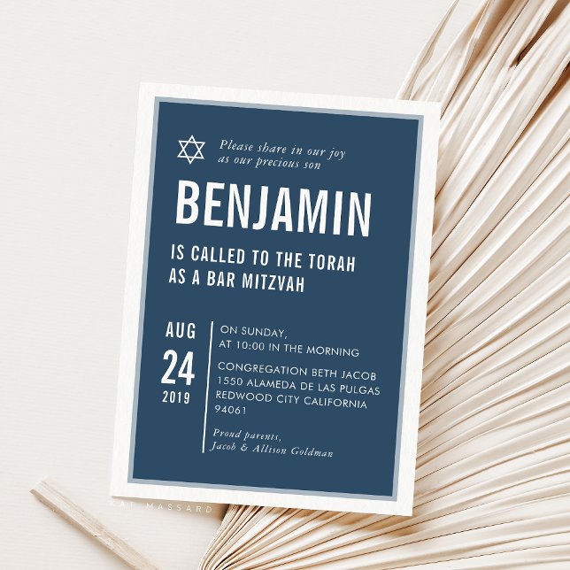 PUB MITZVAH, enkel modern typografi, vit marin mar Inbjudningar (Skapare uppladdad)