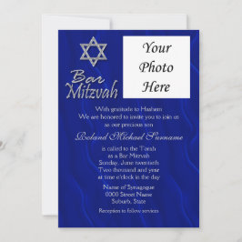 Pub mitzvah fotoblå silver inbjudningar
