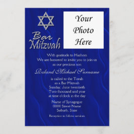 Pub mitzvah fotoblå silver inbjudningar