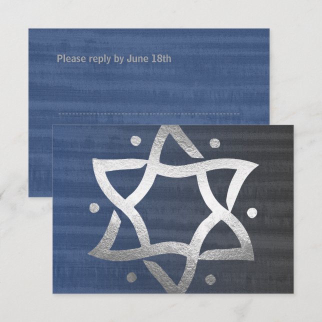 Pub Mitzvah Grått och Blue Wooden Silver Star OSA Kort (Fram/baksida)
