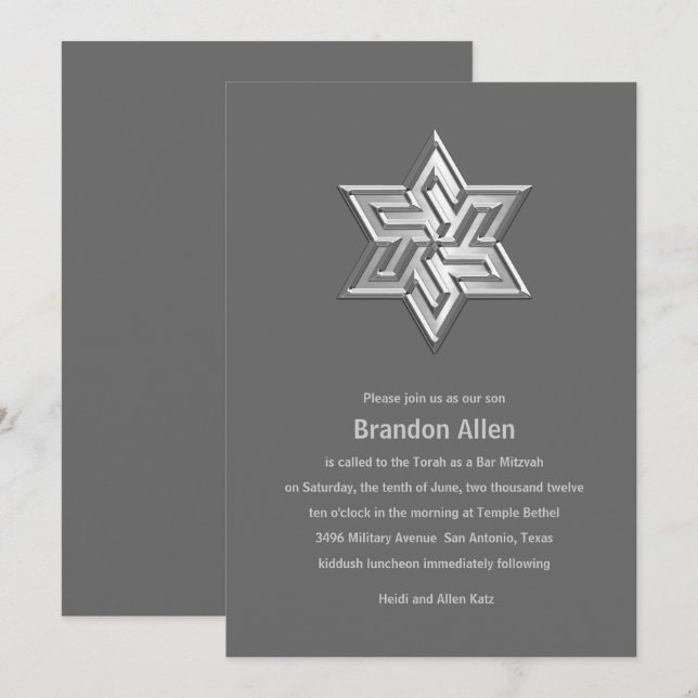 Pub Mitzvah Grått Tones Star of David Inbjudningar (Fram/baksida)