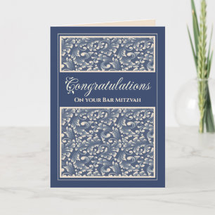 Pub Mitzvah Grattis Damask Blue Card Tack Kort