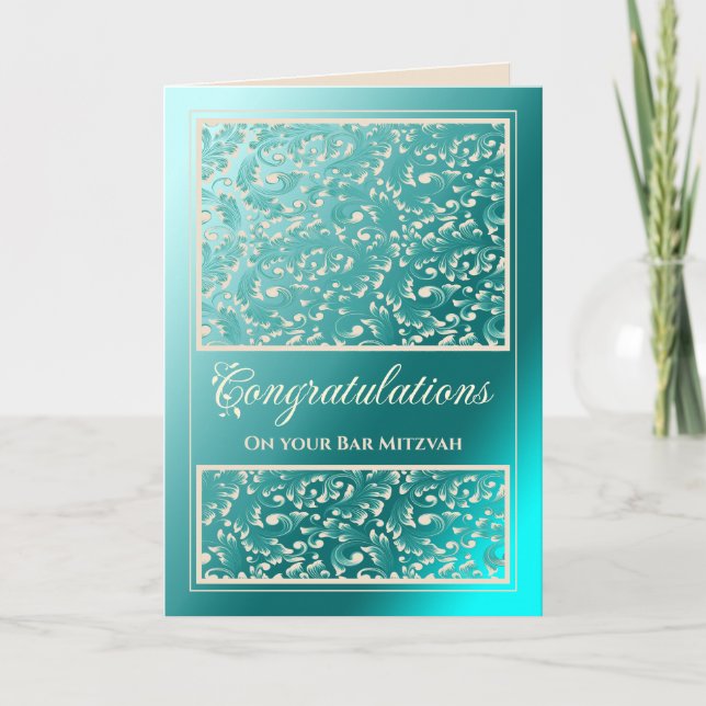 Pub Mitzvah Grattis Damask Teal Card Tack Kort (Framsida)