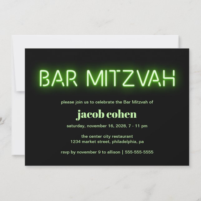 Pub Mitzvah Grönt Neon Ljus Inbjudningar (Framsida)