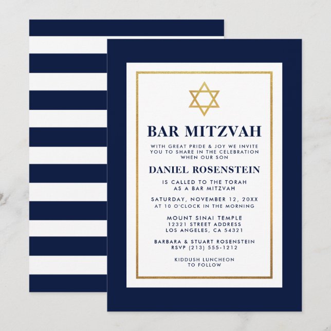 Pub Mitzvah Guld Blue och White Stripe Inbjudningar (Fram/baksida)